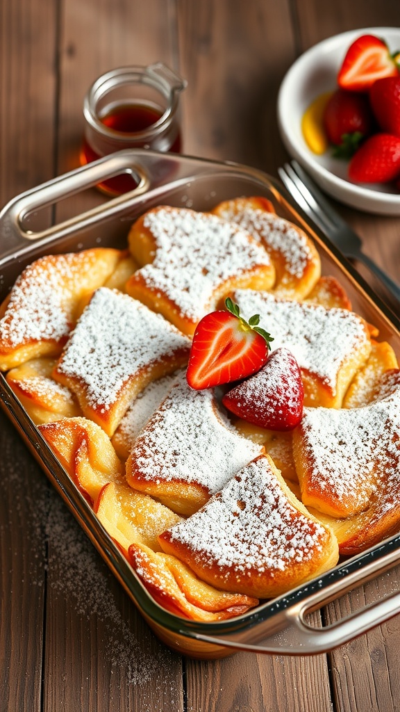 Overnight French toast bake with strawberries and powdered sugar, on a rustic wooden table with syrup.